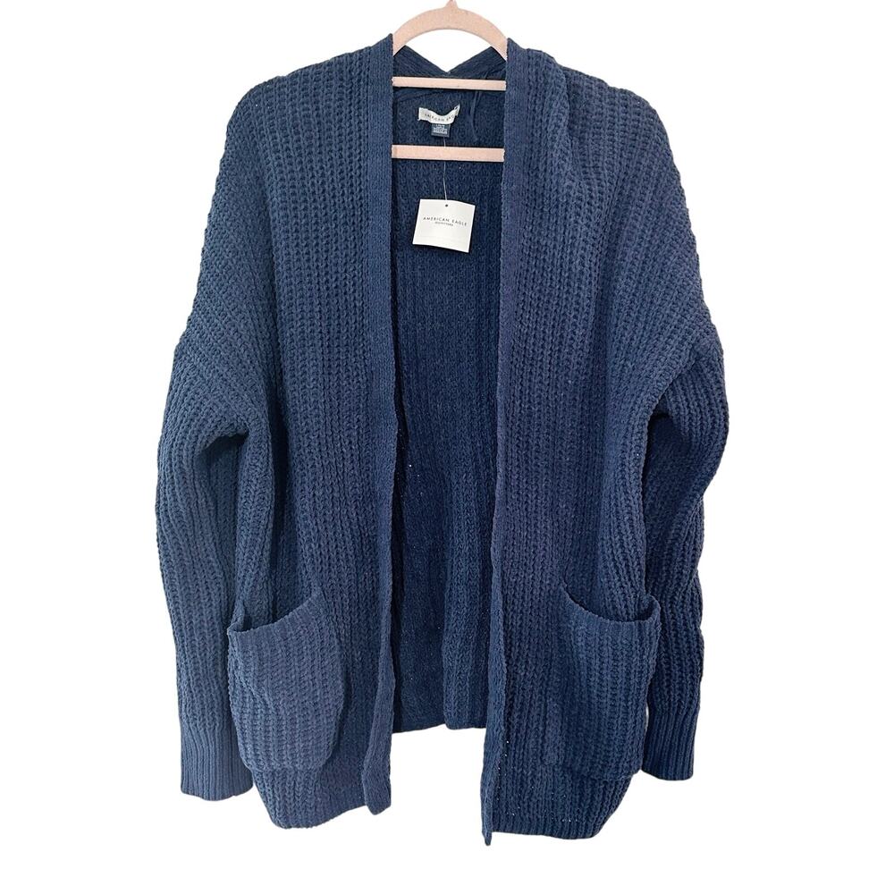 AMERICAN EAGLE Navy Blue Chunky Knit Open Front Cardigan Oversized - Sz L - NWT
